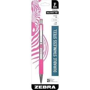 Zebra Pen F-301 Retractable Ballpoint Pen, Stainless Steel Barrel with BCA Pink Accents, Fine Point, 0.7mm, Black Ink, 1-Pack