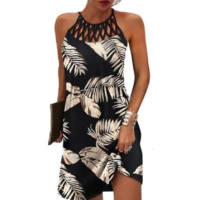Summer Dresses for Women 2024 Casual Floral Hollow Out Halter Neck A-line Sundresses for Beach Vacation