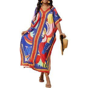 فساتين Eddoyee قفطان للنساء برقبة على شكل حرف V وأكمام قصيرة على الشاطئ، فستان استحمام للشاطئ in Kuwait