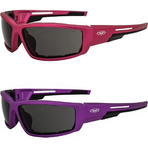 Global Vision Sly Padded Motorcycle Glasses for Women Sunglasses 2 Pair Pink & Purple Metallic Frames w/Smoke Lenses