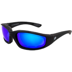 Birdz Oriole SS Padded Motorcycle Riding Sunglasses for Men or Women Anti Fog ANSI Z87.1+ Black Frame w/Blue Mirror Lens