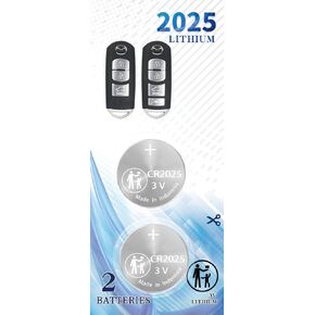 2Pack CR2025 Remote Key Fob Battery fits 2009-2020 Replacement for Toyota Mazda 3 6 CX-3 CX-5 CX-9 MX-5 Miata Yaris IA Scion KR55WK49383, WAZX1T768SKE11A03, A04