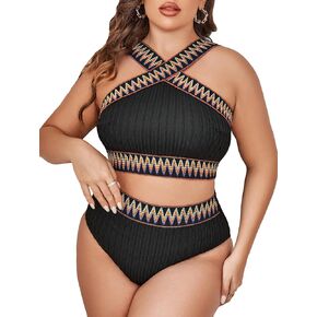 SOLY HUX Women's Plus Size Two Piece Swimsuit Chevron Print Criss Cross High Waisted Bikini Set Bathing Suits