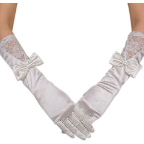 aoozleny 15 Inches Wedding Satin Gloves White Glove Long Bow Gloves for Bridal and Women, 1920s Party Accessories for Girls