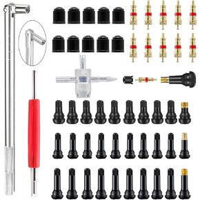 Valve Stem Puller Installer Tool, 10pcs TR412,10pcs TR413,10Pcs TR414 Snap-in Valve Stems & Caps,10pcs Copper Valve Stem Cores, 4 Way Valve Core Remover & Dual Single Head Valve Core Remover