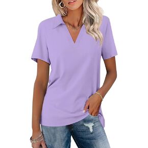 ORANDESIGNE Women's Short Sleeve V Neck Polo Shirts Summer Collared Tops Casual Loose Tees Purple