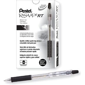 Pentel R.S.V.P. RT Retractable Ballpoint Pen, 1.0mm Tip, Black Ink, Box of 12 (BK93-A)