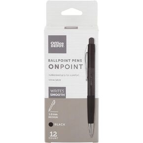 Office Depot Soft-Grip Retractable Ballpoint Pens, Medium Point, 1.0 mm, Black Barrel, Black Ink, Pack Of 12