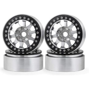 Aluminum Alloy 1.9" Beadlock Wheels Rims Hub for RC 1/10 TRX4, Axial SCX10-II, D90 Scale RC Crawler Car (Bright Silver+Bright Black)
