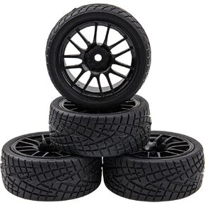 12-Spoke 12mm Hex Hub Wheel Rims & Rubber Tires Compatible with HSP Tamiya HPI Kyosho 1/10 On Road Touring Car WLtoys 1/14 144001 Traxxas 1/16 Slash RC 1/18 A959B Buggy (Black)