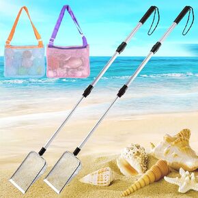 منخل أسنان القرش، قطعتان من منخل الرمل للشاطئ مع قطعتين من أكياس الصدفة، أدوات قصف للشاطئ للبالغين والأطفال، مغرفة صدفة للشاطئ بمقبض طويل، مغرفة صخرية لصيد الصخور in Kuwait