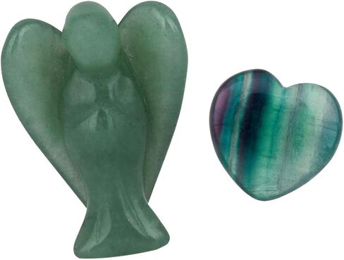 Rockcloud Healing Crystals Puff Heart & Guardian Angel Figurine Carved Worry Stone Chakra Reiki Balancing Set, Green Aventurine & Fluorite in Saudi Arabia