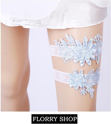 Florry Wedding Garter for Bride Blue Lace Leg Garter Set Floral Flower Stretch Bridal Tossing Garters Belt for Women 2PCS in Saudi Arabia