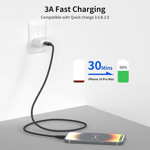 كابل USB A إلى Lightning بطول 1.5 قدم، سلك شاحن iPhone مكون من 3 قطع لهاتف iPhone 14/13 in Kuwait