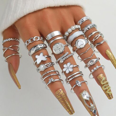 KISS WIFE 24Pcs Silver Knuckle Rings Set for Women Girls, Vintage Stackable Boho Midi Finger Ring Sets, Cute Y2K Aesthetic Rings Pack Trendy Jewelry Gift for Her in Saudi Arabia