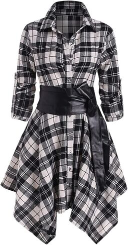 Gothic Women's Long Sleeve Dress Plaid Belt Dress Mid Length Dress Irregular Skirt Gothic Clothing(XXL,Red) in Saudi Arabia