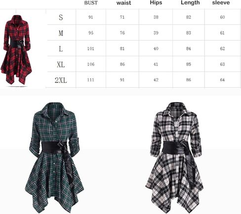 Gothic Women's Long Sleeve Dress Plaid Belt Dress Mid Length Dress Irregular Skirt Gothic Clothing(XXL,Red) in Saudi Arabia