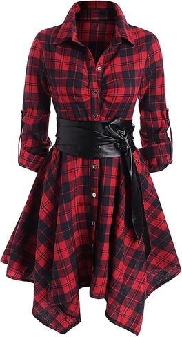 Gothic Women's Long Sleeve Dress Plaid Belt Dress Mid Length Dress Irregular Skirt Gothic Clothing(XXL,Red) in Saudi Arabia