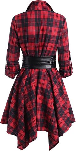 Gothic Women's Long Sleeve Dress Plaid Belt Dress Mid Length Dress Irregular Skirt Gothic Clothing(XXL,Red) in Saudi Arabia
