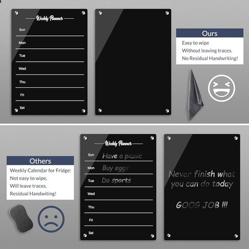 مخطط وجبات أسبوعي مغناطيسي من الأكريليك للثلاجة، مجموعة سوداء مكونة من 2 تقويم ولوحة مسح جاف ومذكرة لمخطط أسبوع قابل لإعادة الاستخدام للثلاجة، يتضمن 4 علامات مسح جاف مع 4 ألوان (8 × 12 بوصة) in Kuwait