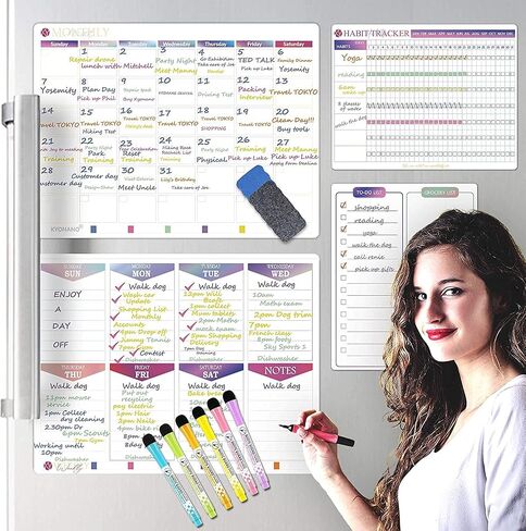 Magnetic Weekly Planner 4 Pack, KYONANO Family Planner, Magnetic Whiteboard Calendar Incl. Monthly Weekly Meal Planner, 6 Fine-Point, Fridge Wall Family Organiser with Habit Tracker&to-do List in Saudi Arabia