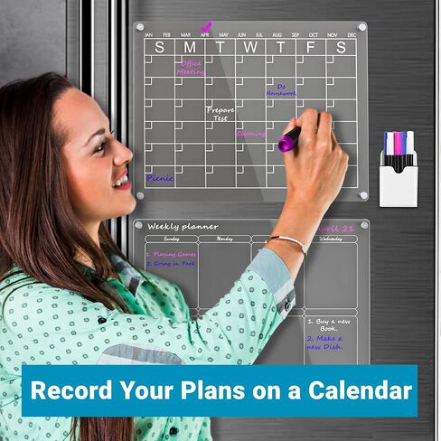 Magnetic Acrylic Calendar for Fridge, Set of 2 Clear Dry Erase Boards with Monthly & Weekly Calendar, Reusable Planner for Refrigerator - 16x12 Inches Lumidan in Saudi Arabia