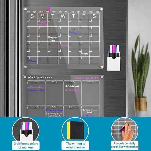 Magnetic Acrylic Calendar for Fridge, Set of 2 Clear Dry Erase Boards with Monthly & Weekly Calendar, Reusable Planner for Refrigerator - 16x12 Inches Lumidan in Saudi Arabia