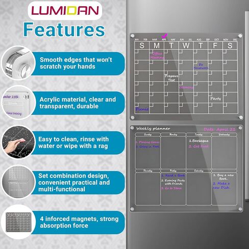 Magnetic Acrylic Calendar for Fridge, Set of 2 Clear Dry Erase Boards with Monthly & Weekly Calendar, Reusable Planner for Refrigerator - 16x12 Inches Lumidan in Saudi Arabia