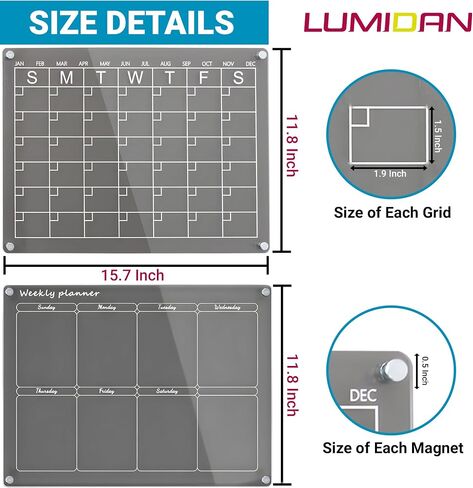Magnetic Acrylic Calendar for Fridge, Set of 2 Clear Dry Erase Boards with Monthly & Weekly Calendar, Reusable Planner for Refrigerator - 16x12 Inches Lumidan in Saudi Arabia