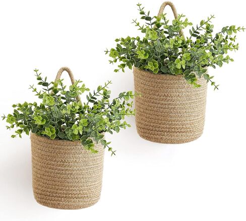 Dahey 2 Pack Wall Hanging Rope Basket with Artificial Eucalyptus Farmhouse Decor, Jute Woven Storage Organizer Flower Plants Basket Set Rustic Wall Decor for Porch Living Room Bedroom Entryway,Brown in Saudi Arabia