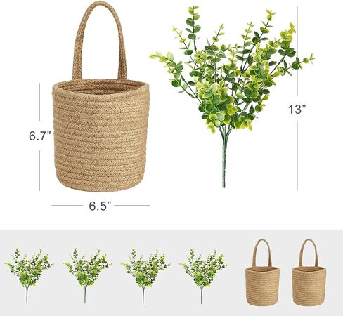 Dahey 2 Pack Wall Hanging Rope Basket with Artificial Eucalyptus Farmhouse Decor, Jute Woven Storage Organizer Flower Plants Basket Set Rustic Wall Decor for Porch Living Room Bedroom Entryway,Brown in Saudi Arabia