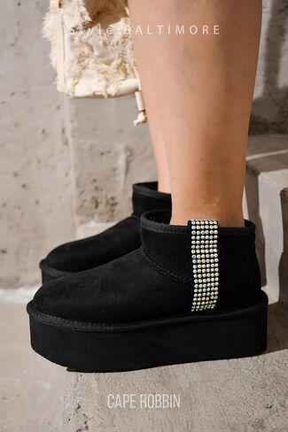 Cape Robbin Baltimore Mini Platform Boots for Women with Rhinestones Strips - Warm Winter Boots with Memory Foam Insole - Faux Fur Lined Moon Boots - Ladies Winter Boots in Saudi Arabia