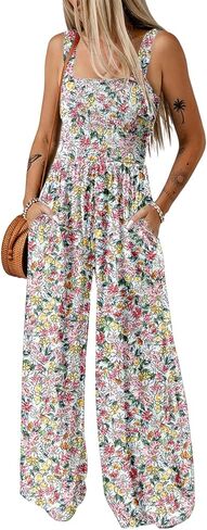 Happy Sailed Womens Overalls Casual Floral Print Sleeveless Jumpsuit High Waist Wide Leg Romper Jumpsuits with Pockets in Saudi Arabia