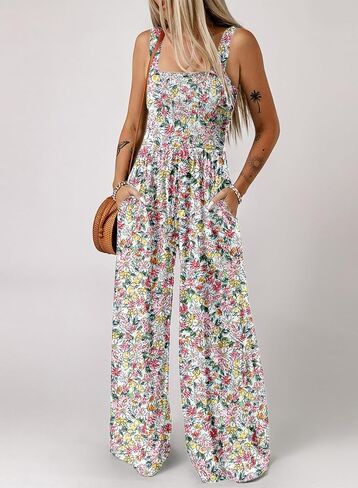 Happy Sailed Womens Overalls Casual Floral Print Sleeveless Jumpsuit High Waist Wide Leg Romper Jumpsuits with Pockets in Saudi Arabia