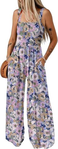 Happy Sailed Womens Overalls Casual Floral Print Sleeveless Jumpsuit High Waist Wide Leg Romper Jumpsuits with Pockets in Saudi Arabia