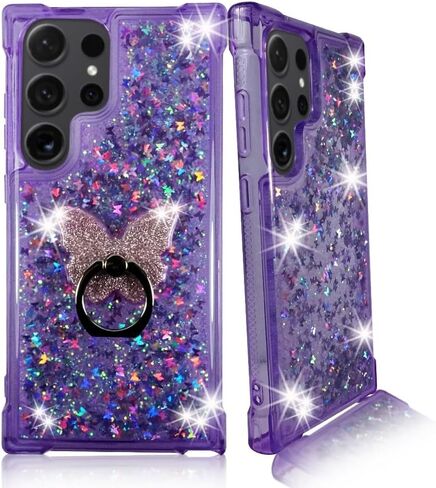 Zase Clear Phone Case Design for Samsung Galaxy S24 Ultra 5G (6.8") Liquid Glitter Waterfall Floating 3D Butterflies Sparkly Bling Cute Shockproof Cover w/Phone Ring Holder (Gradient Aqua Purple) in Saudi Arabia