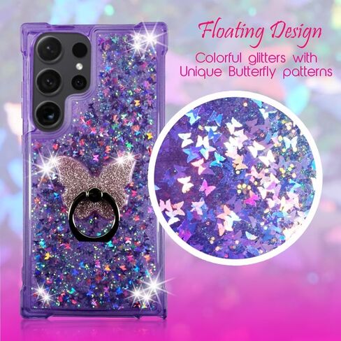 Zase Clear Phone Case Design for Samsung Galaxy S24 Ultra 5G (6.8") Liquid Glitter Waterfall Floating 3D Butterflies Sparkly Bling Cute Shockproof Cover w/Phone Ring Holder (Gradient Aqua Purple) in Saudi Arabia