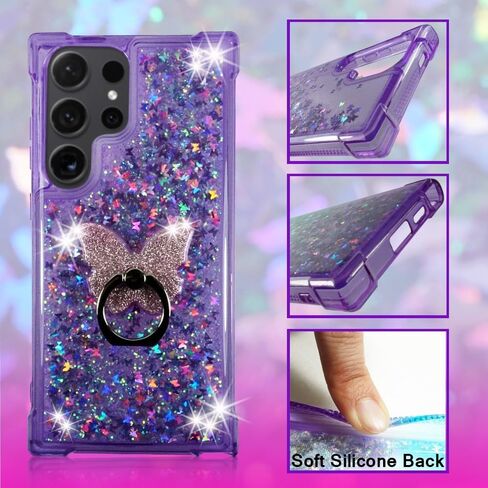 Zase Clear Phone Case Design for Samsung Galaxy S24 Ultra 5G (6.8") Liquid Glitter Waterfall Floating 3D Butterflies Sparkly Bling Cute Shockproof Cover w/Phone Ring Holder (Gradient Aqua Purple) in Saudi Arabia