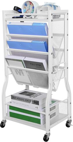8-Tier Mobile Bookshelf with Wheels,Desk Organizer File Organizer Cart,Rolling Book Cart with 2 Sides Access Bookcase Storage Rack,Wood Metal Movable Bookshelf for Study,Home, Office, School(White) in Saudi Arabia
