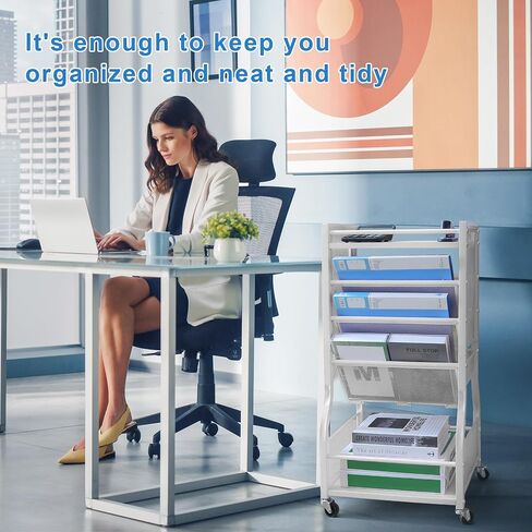 8-Tier Mobile Bookshelf with Wheels,Desk Organizer File Organizer Cart,Rolling Book Cart with 2 Sides Access Bookcase Storage Rack,Wood Metal Movable Bookshelf for Study,Home, Office, School(White) in Saudi Arabia