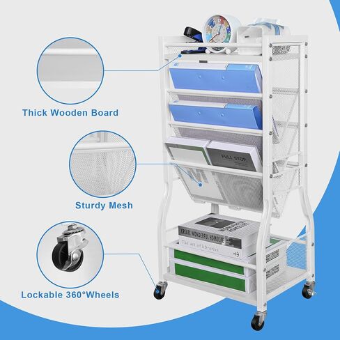 8-Tier Mobile Bookshelf with Wheels,Desk Organizer File Organizer Cart,Rolling Book Cart with 2 Sides Access Bookcase Storage Rack,Wood Metal Movable Bookshelf for Study,Home, Office, School(White) in Saudi Arabia