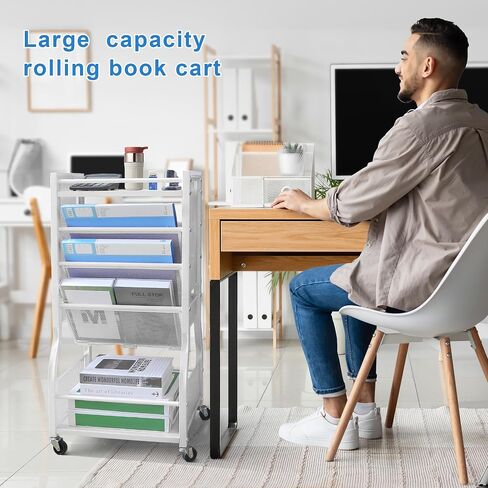 8-Tier Mobile Bookshelf with Wheels,Desk Organizer File Organizer Cart,Rolling Book Cart with 2 Sides Access Bookcase Storage Rack,Wood Metal Movable Bookshelf for Study,Home, Office, School(White) in Saudi Arabia