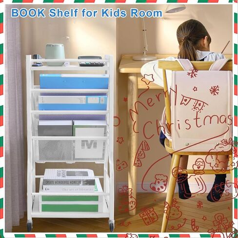 8-Tier Mobile Bookshelf with Wheels,Desk Organizer File Organizer Cart,Rolling Book Cart with 2 Sides Access Bookcase Storage Rack,Wood Metal Movable Bookshelf for Study,Home, Office, School(White) in Saudi Arabia