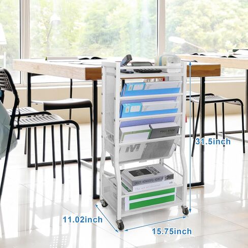 8-Tier Mobile Bookshelf with Wheels,Desk Organizer File Organizer Cart,Rolling Book Cart with 2 Sides Access Bookcase Storage Rack,Wood Metal Movable Bookshelf for Study,Home, Office, School(White) in Saudi Arabia
