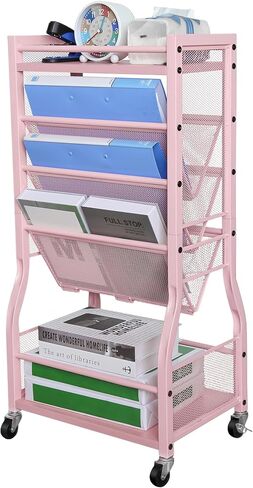 8-Tier Mobile Bookshelf with Wheels,Desk Organizer File Organizer Cart,Rolling Book Cart with 2 Sides Access Bookcase Storage Rack,Wood Metal Movable Bookshelf for Study,Home, Office, School(White) in Saudi Arabia