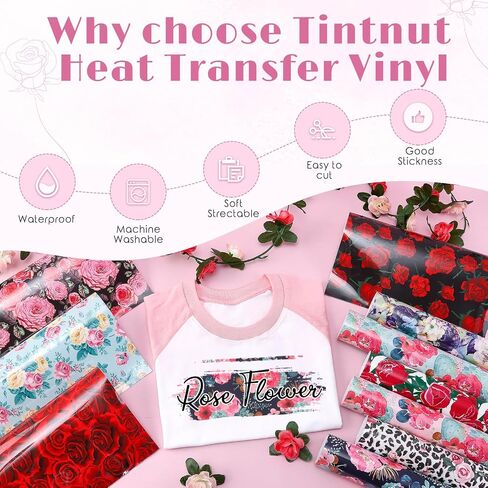 Tintnut Red Pink Rose 10 Sheets 10x12 Inch Floral Pattern HTV Iron On Vinyl for Clothes - Compatible with Cricut & Silhouette Cameo in Saudi Arabia