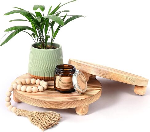 رافعات خشبية من HULISEN للديكور، حامل قاعدة خشبية مستديرة مقاس 10 بوصة لحامل وعاء النباتات الداخلي، مجموعة من 2 صينية عرض مزخرفة ريفية لطاولة المطبخ وطاولة الحمام (طبيعية) in Kuwait