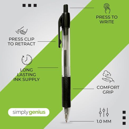Simply Genius Ballpoint Pens in Bulk - 200 Pack Retractable Comfort Grip & Smooth Writing Medium Point Office Pens for Schools, Notebooks & Journal Writing (Black Ink) in Kuwait