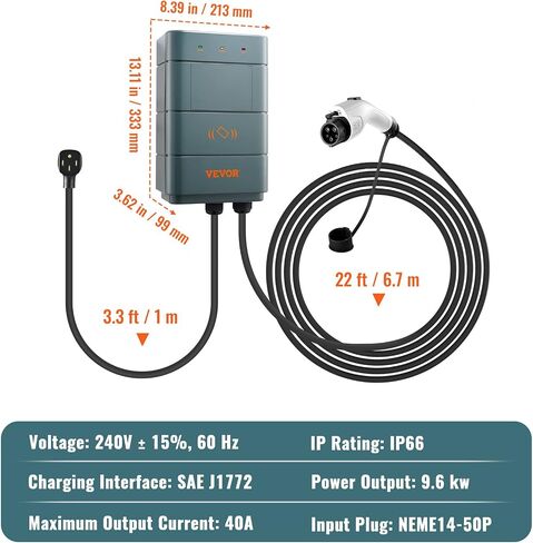 VEVOR Level 2 Electric Vehicle Charging Station, 0-40A Adjustable, 9.6 kW 240V NEMA 14-50 Plug Smart EV Charger with WiFi, 22-Foot TPE Charging Cable for Indoor/Outdoor Use, ETL&Energy Star Certified in Saudi Arabia