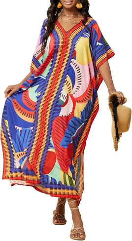 Eddoyee Kaftan Dresses for Women V-neck Caftan Short Sleeve Beach Bathing Suit Cover Up Lounge Dress in Kuwait